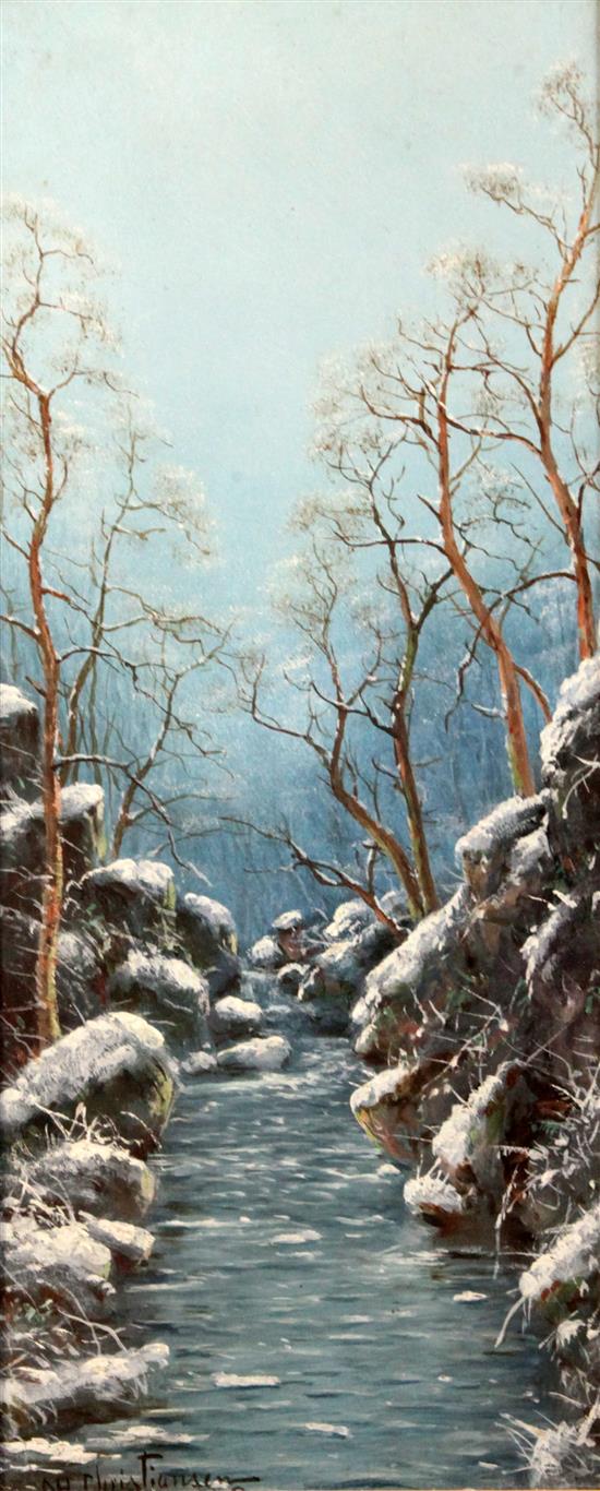 Nils H Christiansen (Danish, 1850-1922) Riverscapes in summer and winter, 18 x 7.5in.